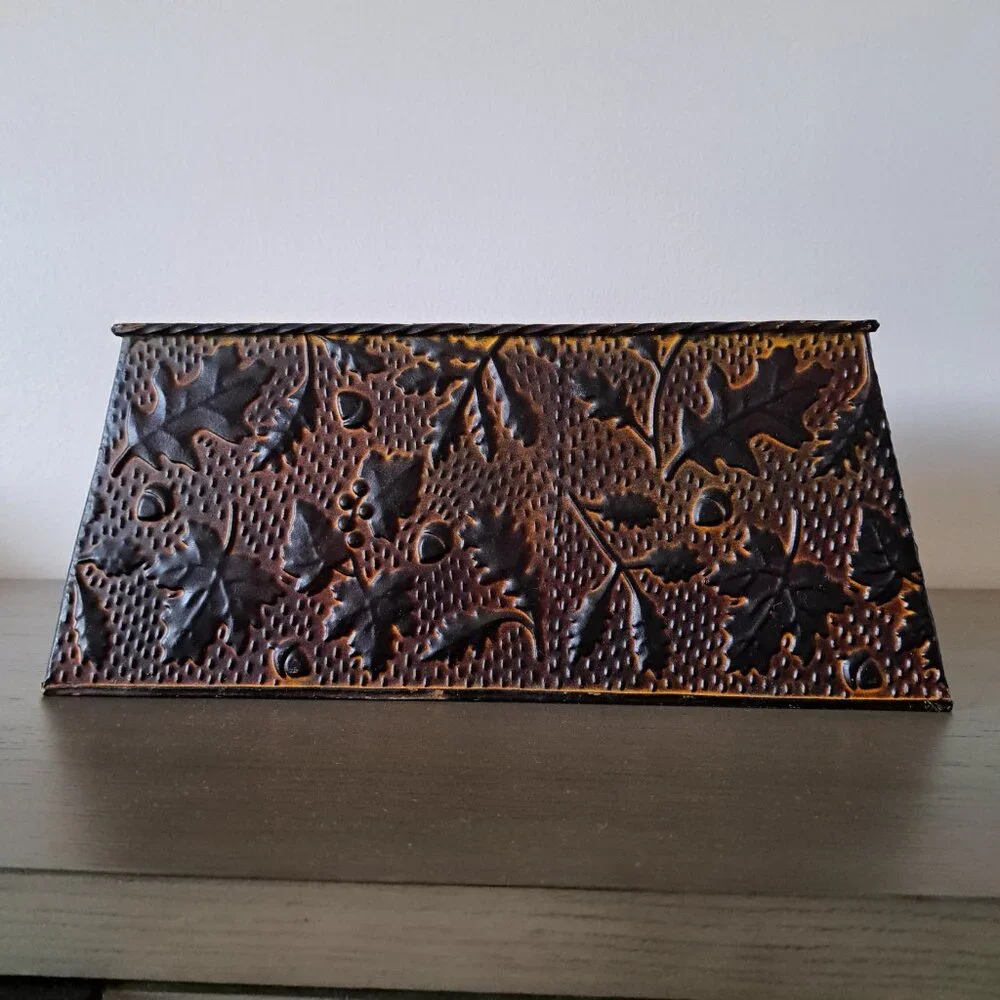Vintage Distressed Metal Basket Fall Motif Large Ornamental Box with Handles - Picture 3 of 9